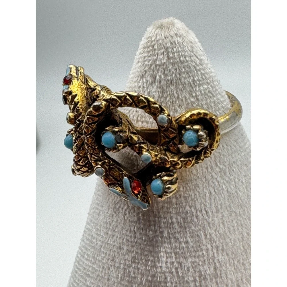 Vintage ART Snake Ring Gold Tone Double Headed Blue Enamel Bypass Serpent READ